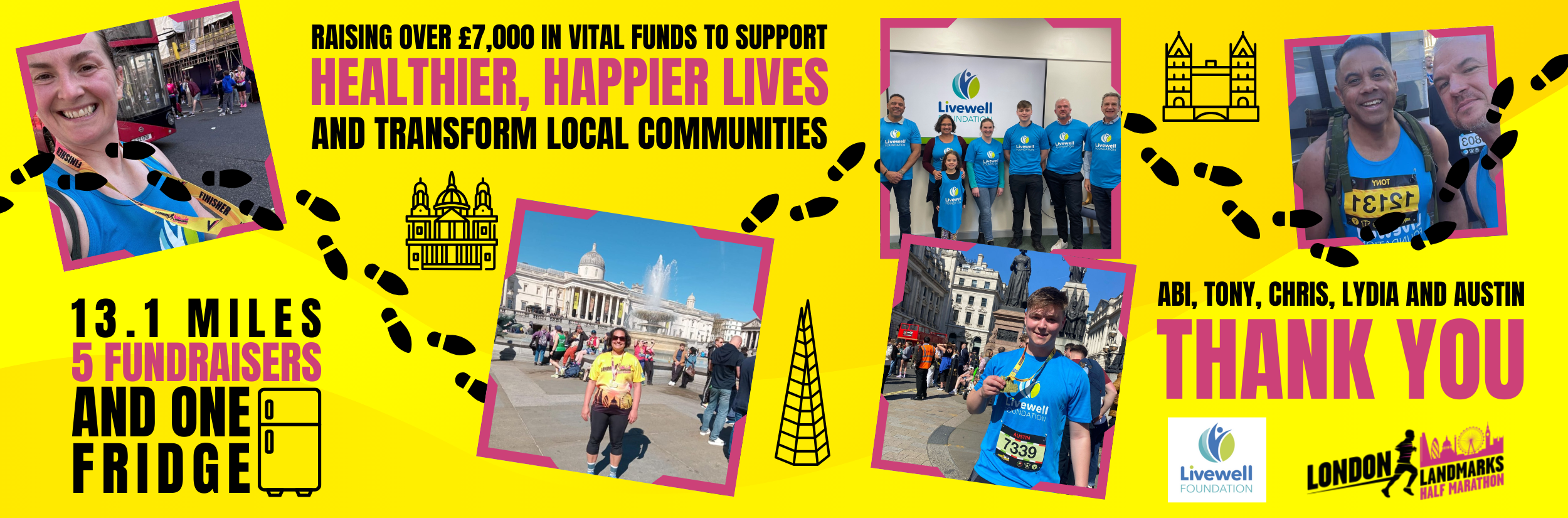 Image showing the five runners taking part in the London Landmarks Half Marathon Challenge with the text: Abi, Tony, Chris, Lydia and Austin, Thank you